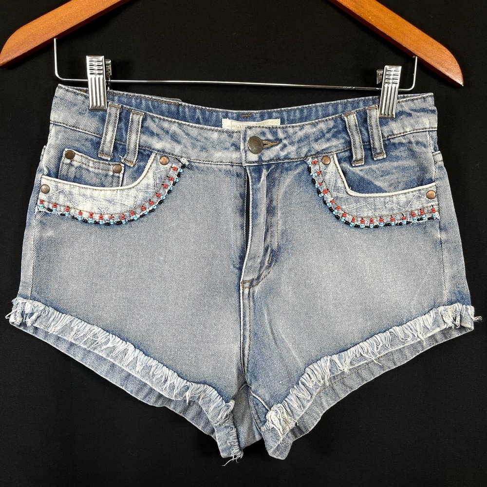 Sea Gypsies Womens Boho‎ Beaded Pockets Frayed Hem Denim Shorts S Blue Festival